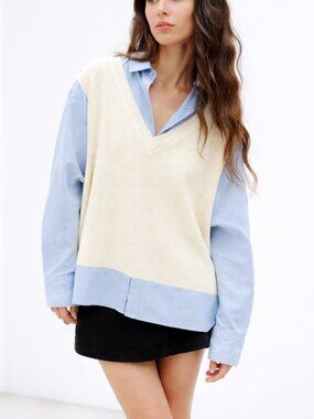 Anthropologie Layered Sweater Vest Blouse Top Blue Collared Preppy Coastal M